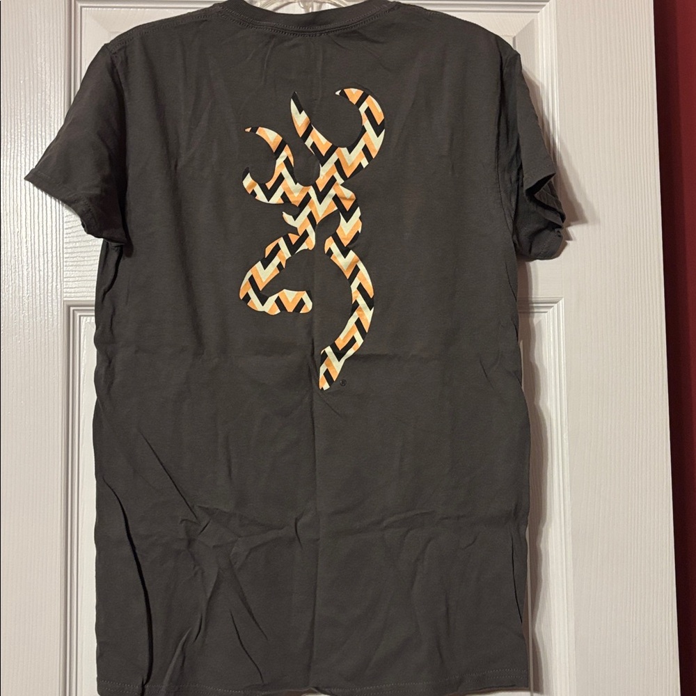 Browning Dark Gray Cotton Tshirt with orange, black ,cream print dear head small